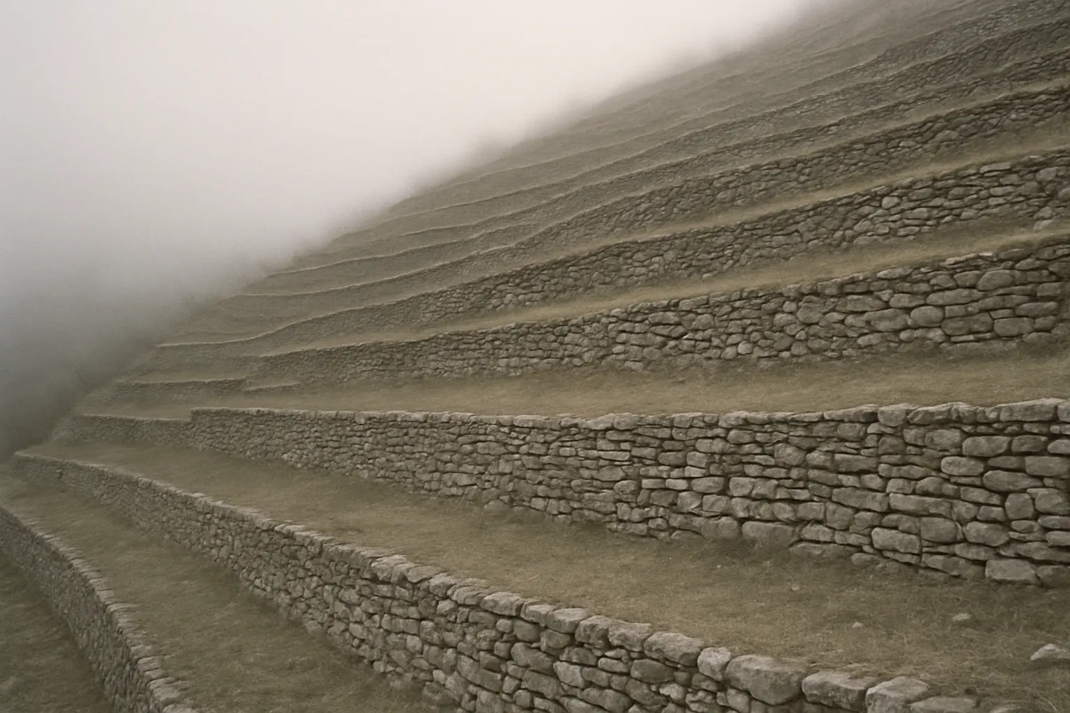 A freshly worked terrace strip with a dry-stone wall in the foreground
