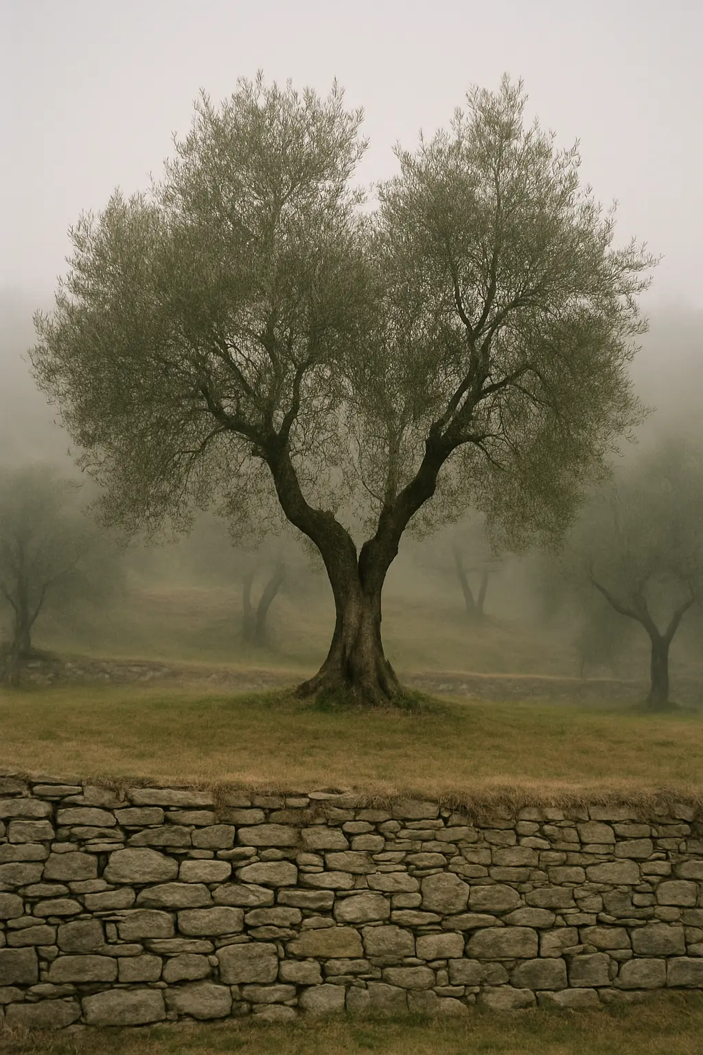 Rows of olive trees on terraces climbing towards the top of a hill