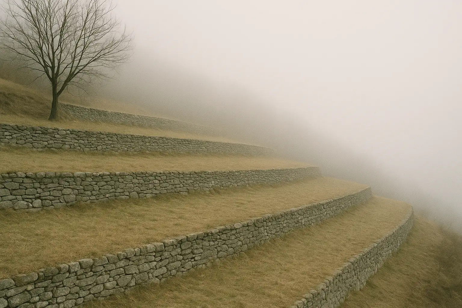 Dry-stone terraces on a hillside in the Scrivia Valley under an overcast sky