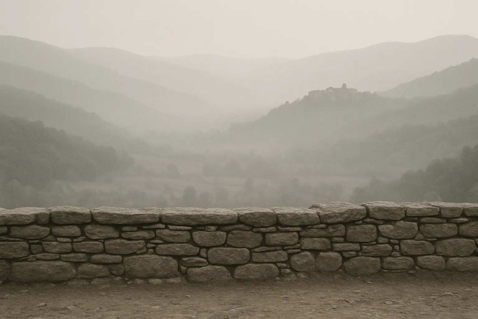 A valley seen from above, villages scattered along the river, on a cloudy day